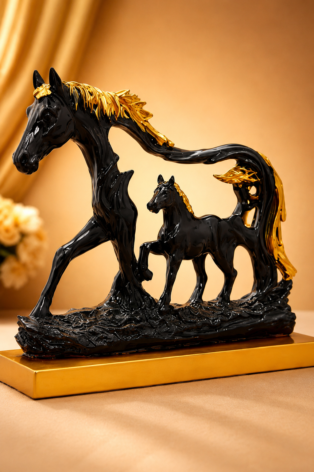 Black Gold Horse & Foal Statue | Modern Decorative Horse Sculpture for Living Room & Office | My Miniature