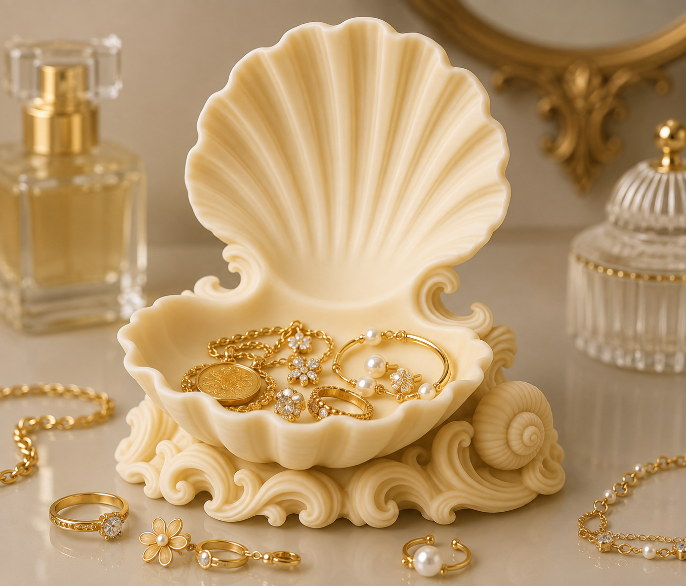 Coastal Seashell Jewelry Dish with Ornate Base