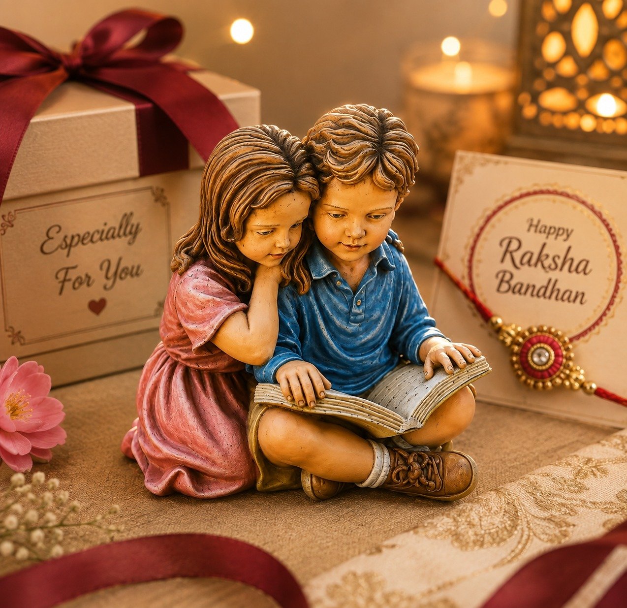 Brother & Sister Reading Book Sibling Figurine showpiece