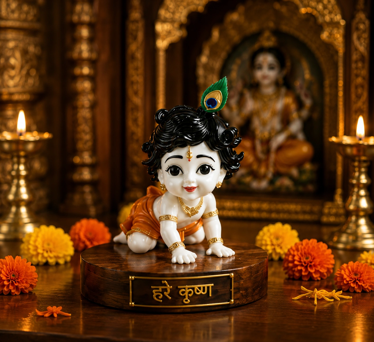 Crawling Bal Krishna Idol with Hare Krishna Base 3D Printed
