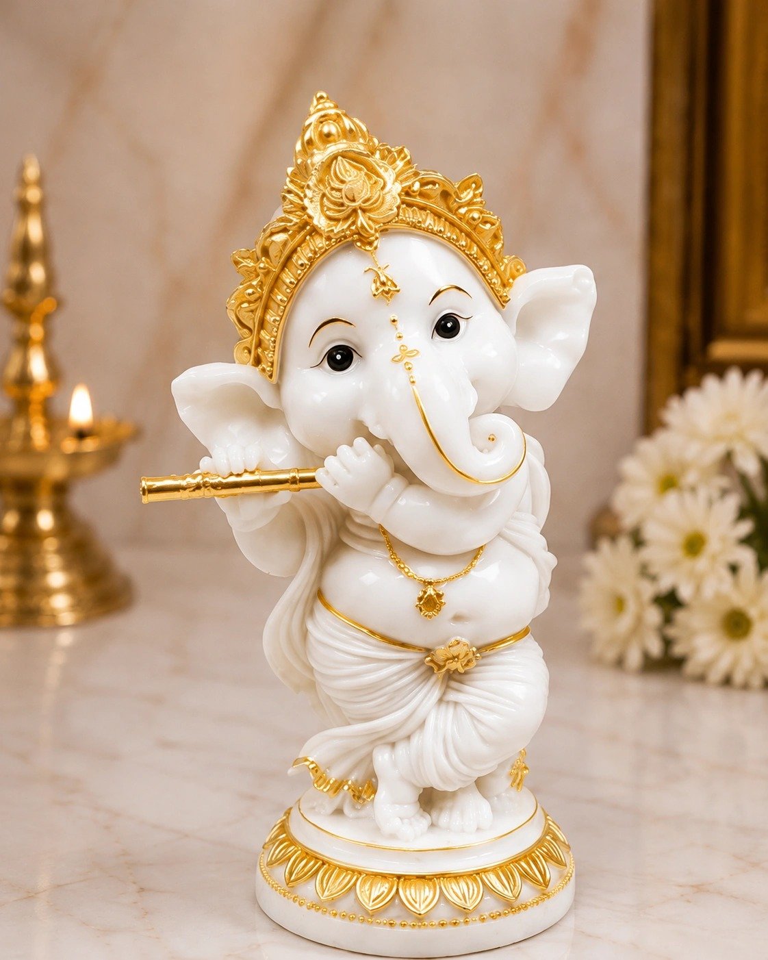 White Gold Flute Bal Ganesh Idol