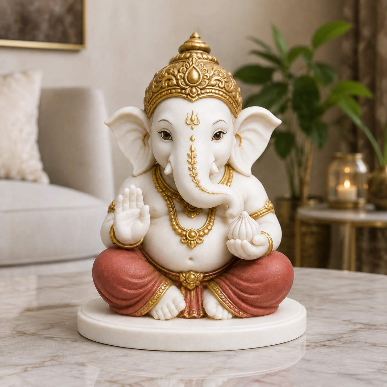 White Gold Blessing Ganesh Idol