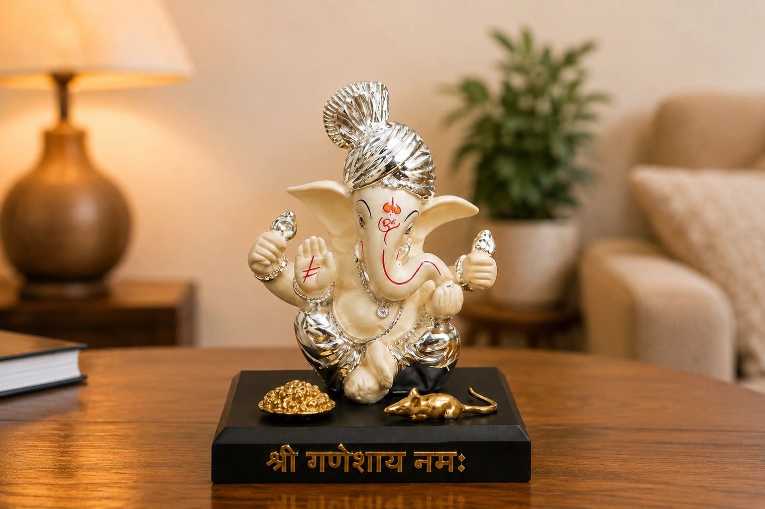 Silver Crown Ganesh Idol With Mushak