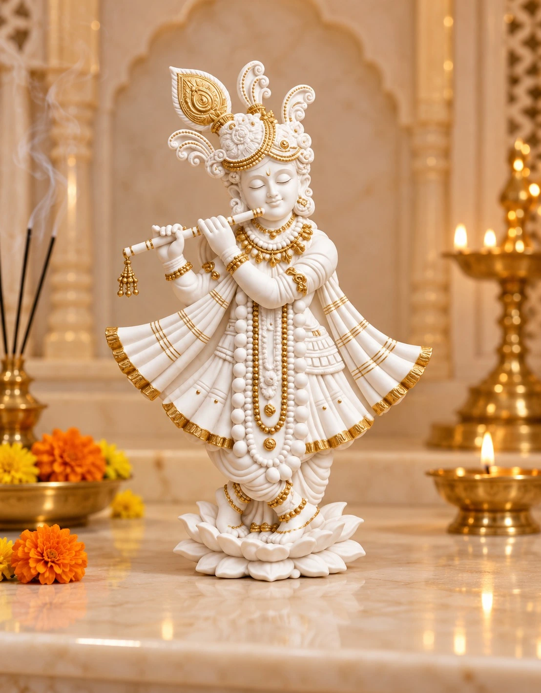 Premium White & Golden Lord Krishna Flute Idol