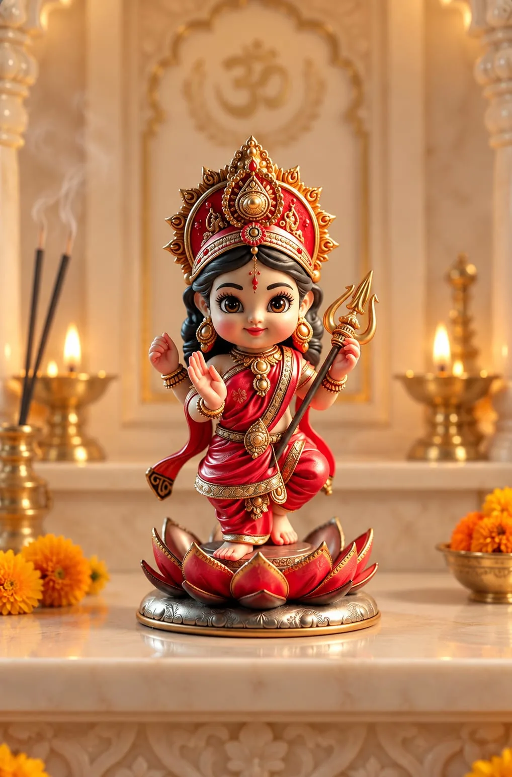 Cute Bal Maa Durga Trishul Lotus Idol