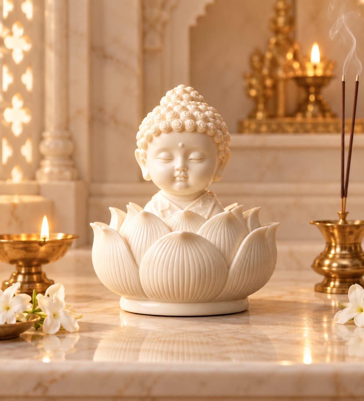 Peaceful White Baby Buddha Lotus Meditation Idol