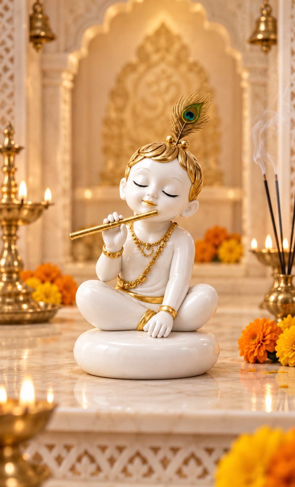 Premium White and Golden Bal Krishna Flute Idol