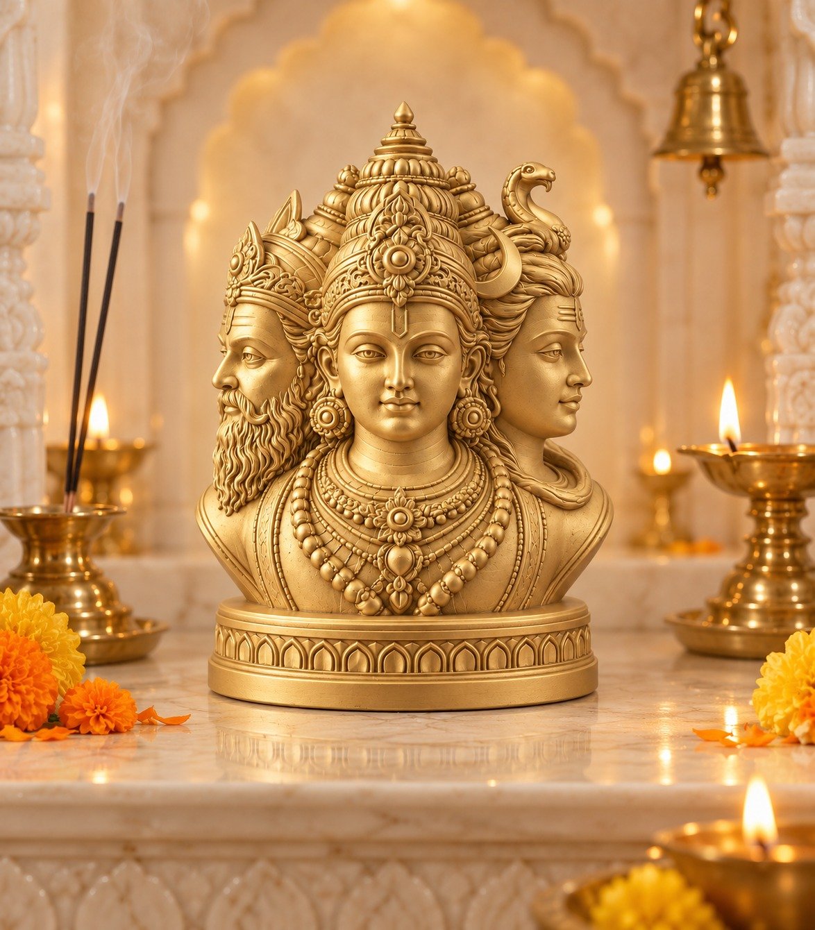 Golden Trimurti Decorative Dashboard Idol